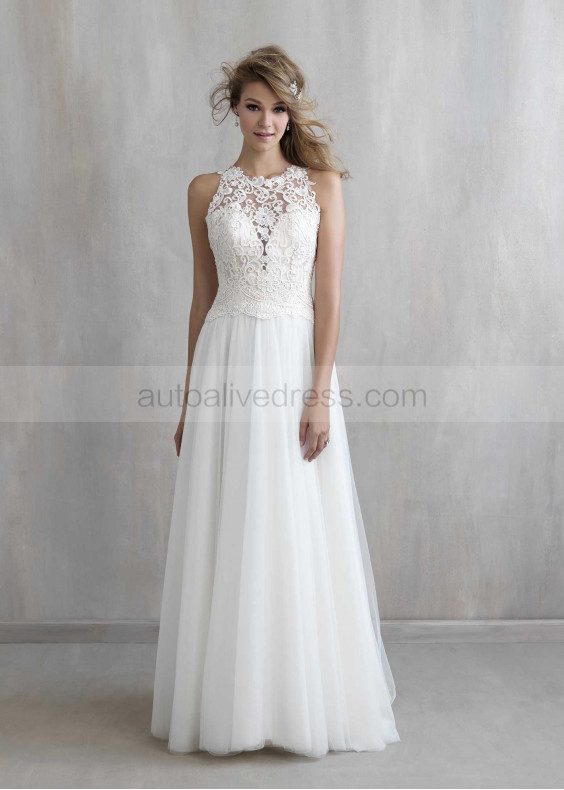 Ivory Lace Tulle Jewel Neckline Unique Modern Wedding Dress 